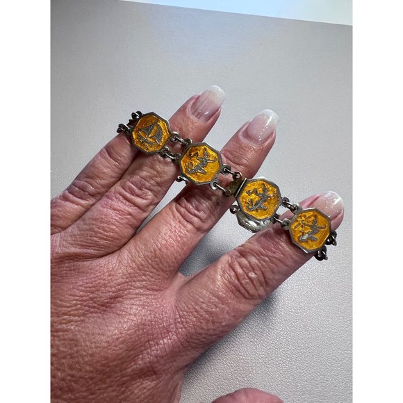 Vintage Sterling Silver Siam Niello Link Bracelet - Yellow Enamel, Thailand - Picture 4 of 16